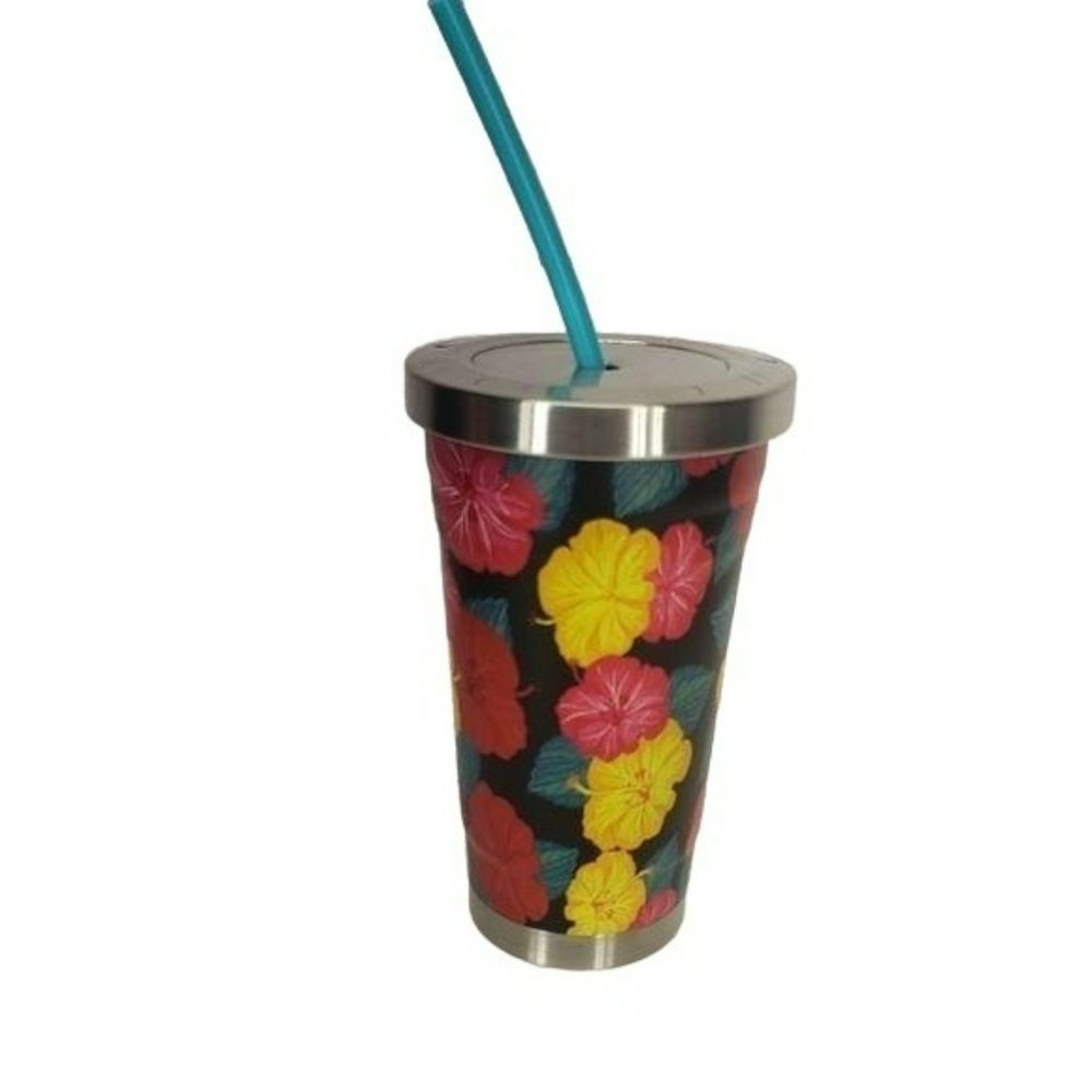 Hawaiian Floral Print Stainless Steel Tumbler Cold Cup Hibiscus Flowers 17 Fl Oz